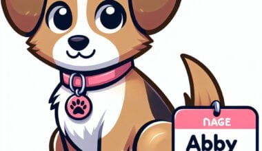 Ilustração de cãozinho fofo com coleira "Abby".