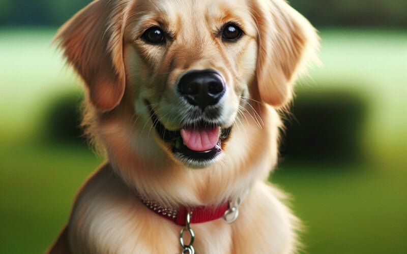 Cão dourado sorridente com coleira e medalha "AILA".