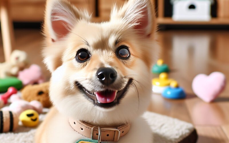 Cão sorridente com coleira em casa.