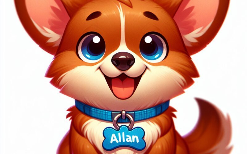 Cãozinho animado sorridente com coleira "Allan".