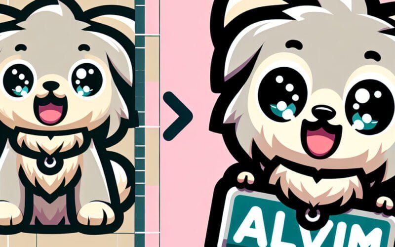 Ilustração de cachorro animado com placa "ALVIM".