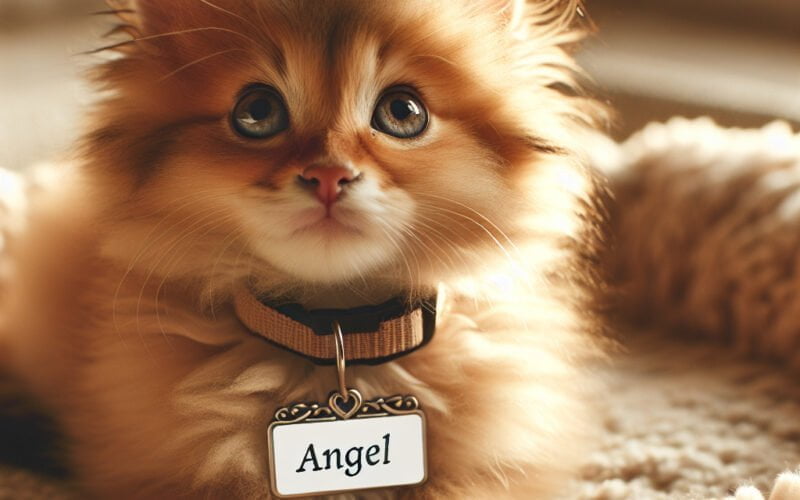Gatinho fofo com identificação "Angel".
