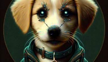 Cachorro robótico futurista com olhos cibernéticos.
