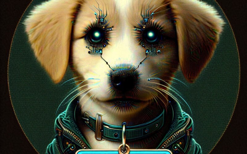 Cachorro robótico futurista com olhos cibernéticos.