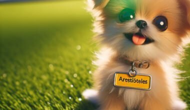 Cãozinho fofo com coleira nome "Aristóteles" na relva.