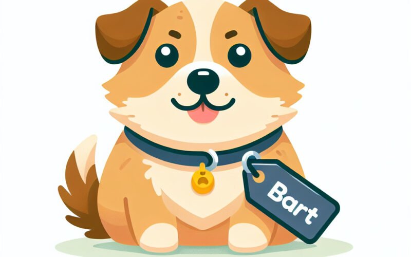 Ilustração de cãozinho fofo com coleira 'Bart'.
