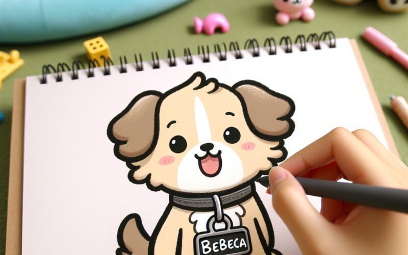 Desenho de um cachorro fofo com a placa "Bebeça".