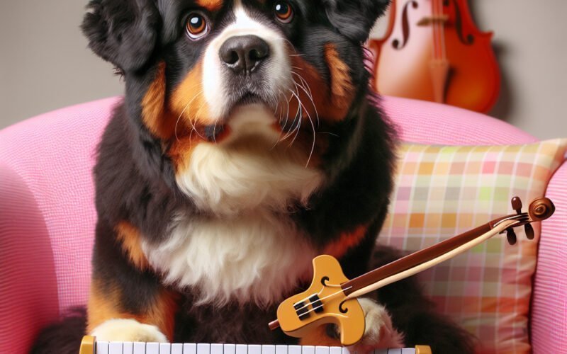 Cão Bernese com piano e violino no sofá.