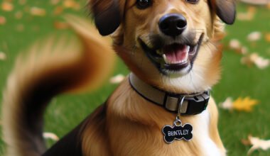 Cão sorridente com coleira em jardim outonal.