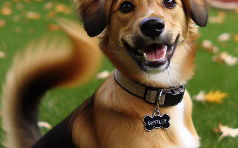 Cão sorridente com coleira em jardim outonal.