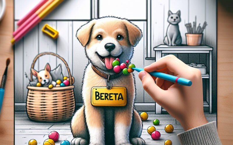 Ilustração de cachorro feliz com guloseimas coloridas.