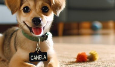 Cachorro fofo com coleira nome 'Canela'.