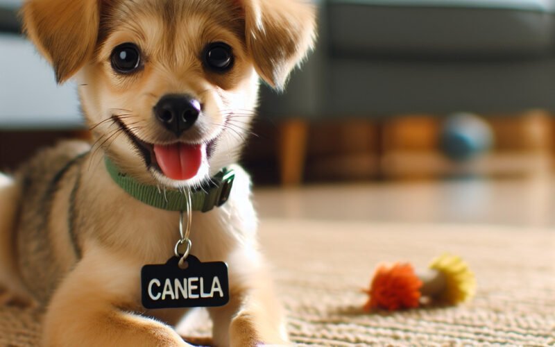 Cachorro fofo com coleira nome 'Canela'.
