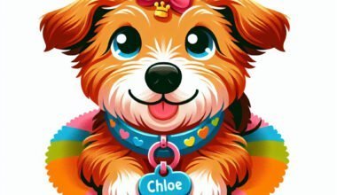 Ilustração colorida de cãozinho com coleira "Chloe".