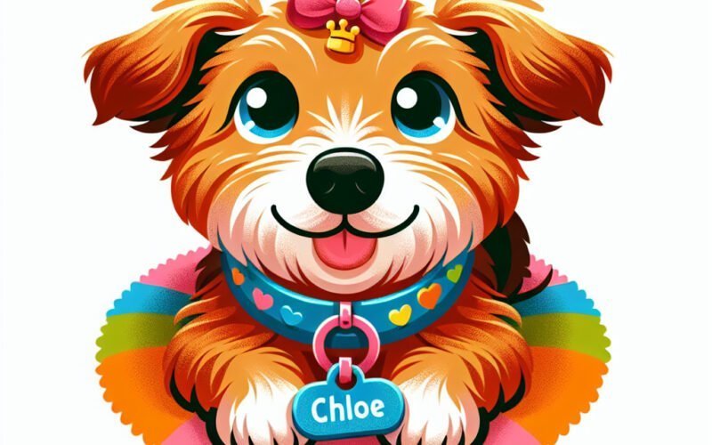 Ilustração colorida de cãozinho com coleira "Chloe".