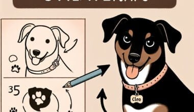 Ilustração de cão com lápis e desenho.