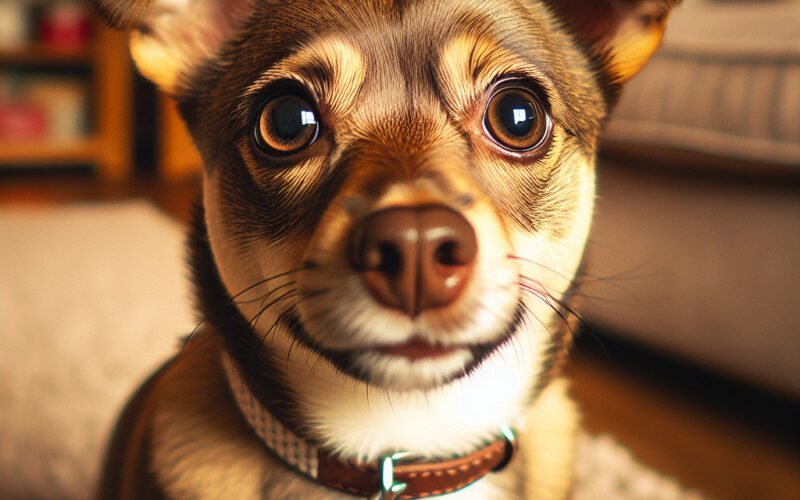 Cão com coleira nome "Cocoa" olhando para câmera.