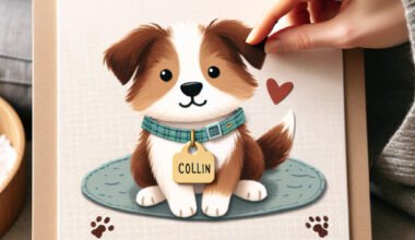 Ilustração colorida de cachorro com colar personalizado.