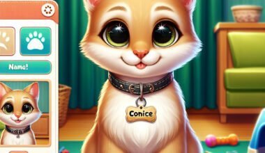 Gato animado fofo com coleira nome "Conice".