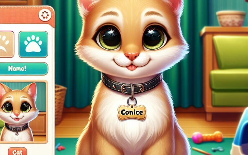 Gato animado fofo com coleira nome "Conice".
