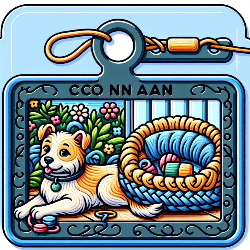 Ilustração colorida de cachorro com cama e flores.