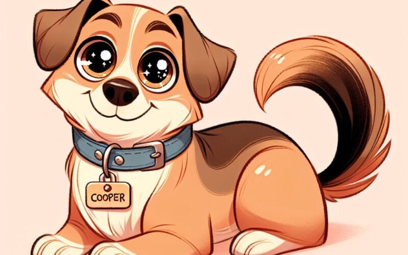 Cão animado sorridente com coleira "Cooper".