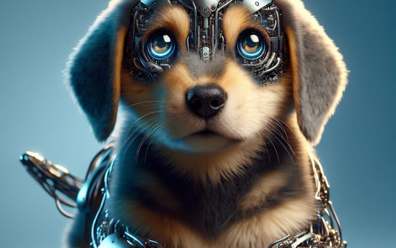 Cachorro cibernético estilizado com olhos expressivos.