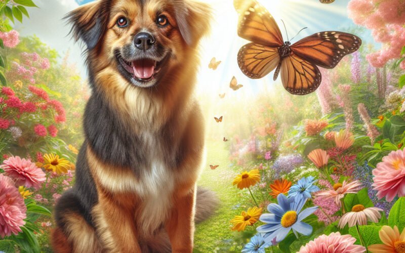 Cão feliz entre flores e borboletas ao sol.