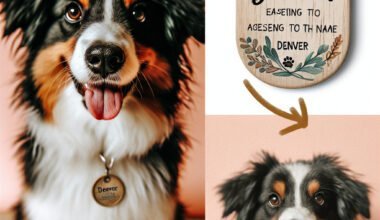 Cão sorridente com placa personalizada "Denver".