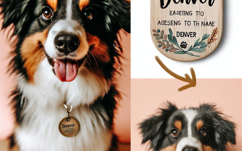 Cão sorridente com placa personalizada "Denver".