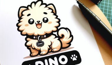 Ilustração adorável de cãozinho com etiqueta "DINO".