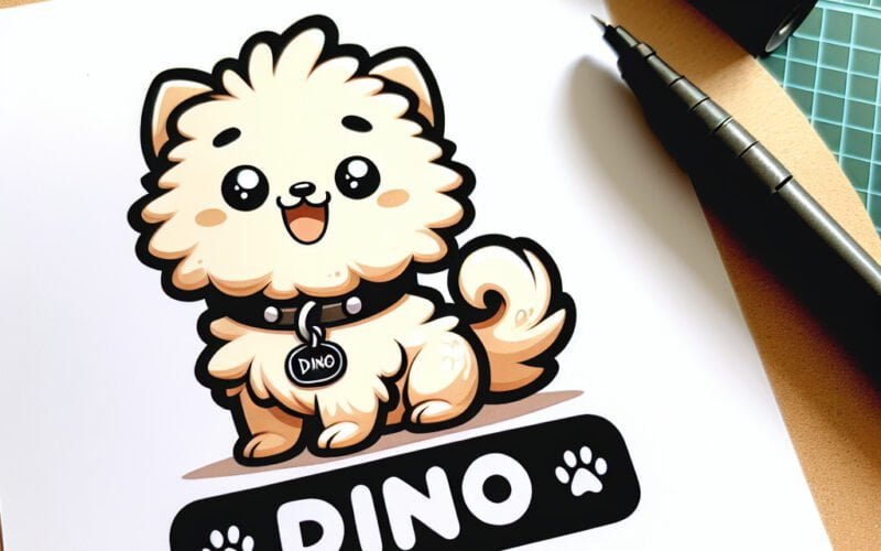 Ilustração adorável de cãozinho com etiqueta "DINO".