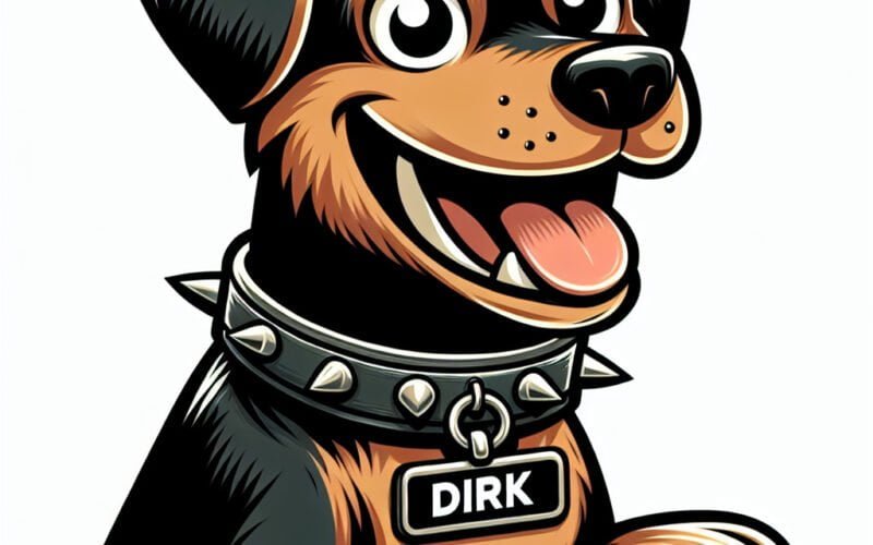 Ilustração de cão sorridente com coleira 'Dirk'.