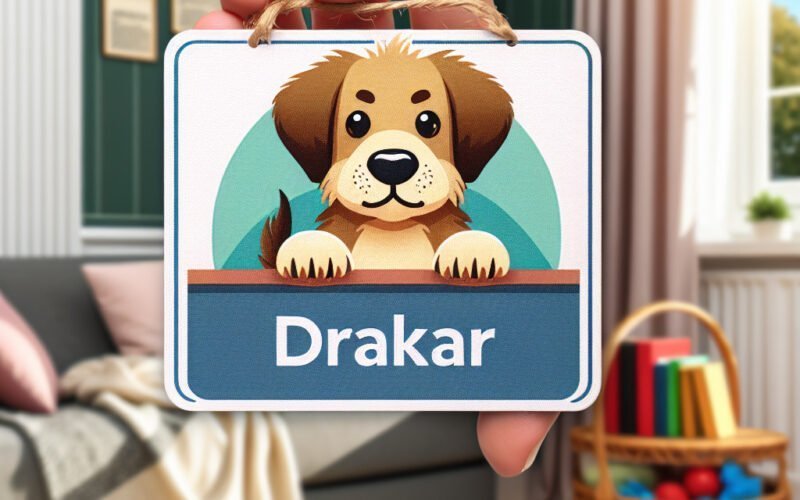 Placa com desenho animado de cão, "Drakar".