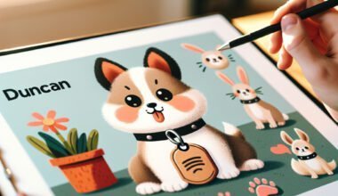 Ilustração digital de cachorro e coelhos em tablet.