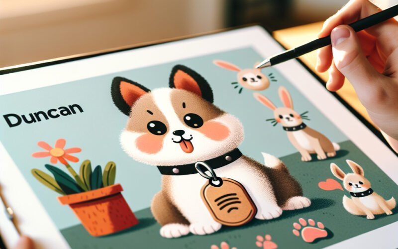 Ilustração digital de cachorro e coelhos em tablet.