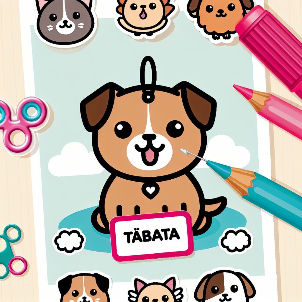 Ilustração colorida de cachorro e acessórios pet.