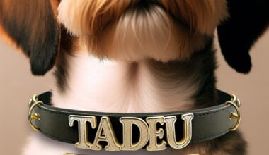 Cão com coleira personalizada nome "Tadeu".