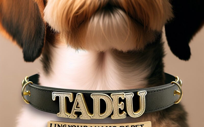 Cão com coleira personalizada nome "Tadeu".