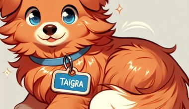 Ilustração de cachorro fofo com coleira 'Taigra'.