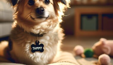 Cão fofo chamado Tammy em almofada.