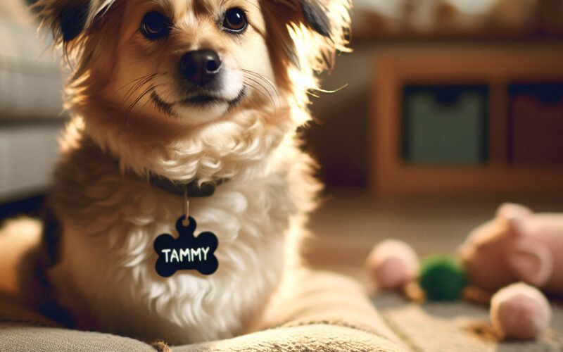 Cão fofo chamado Tammy em almofada.