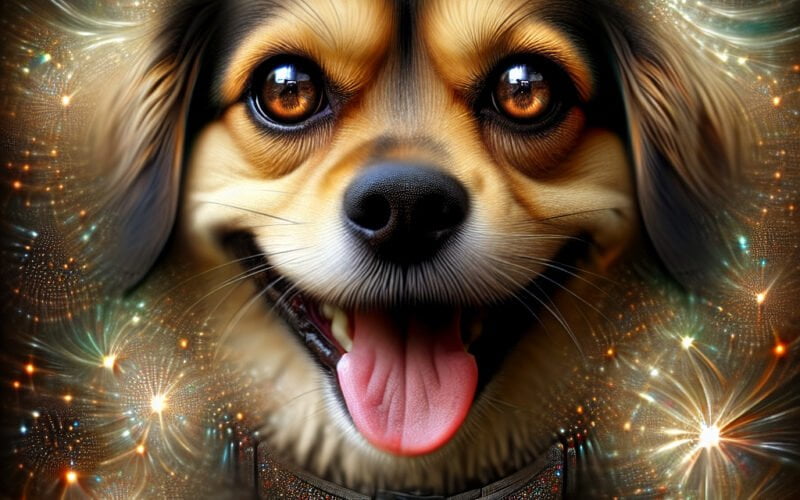 Cão sorridente com efeito de luzes cintilantes.