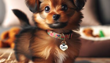 Cachorro pequeno com coleira marcada "Tato".