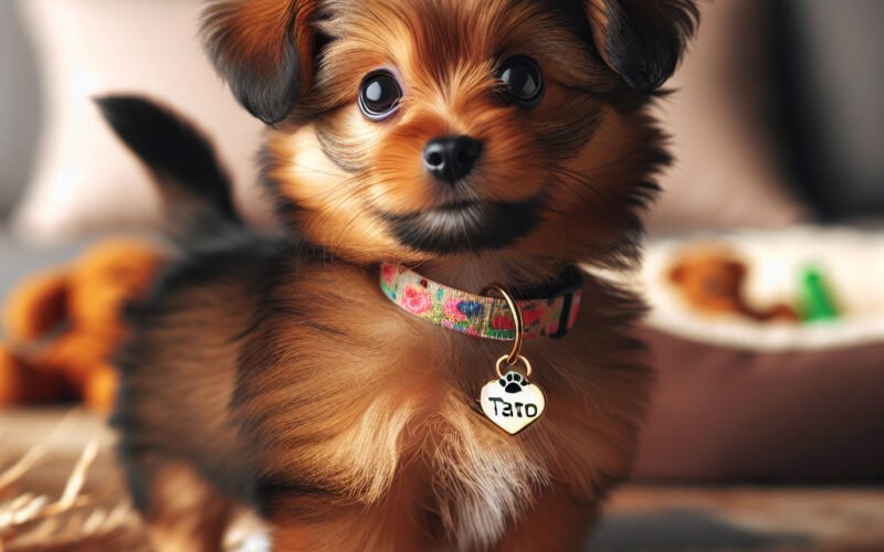 Cachorro pequeno com coleira marcada "Tato".