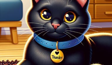 Gato preto fofo com coleira "Thunder" e novelo de lã.