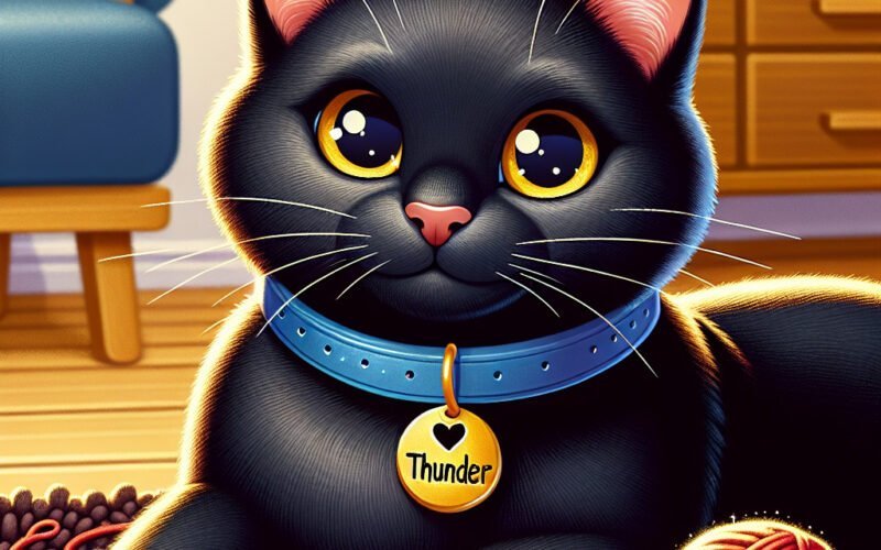 Gato preto fofo com coleira "Thunder" e novelo de lã.