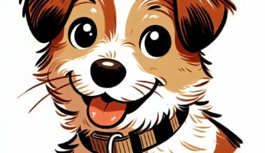Desenho animado de um cachorro sorridente com coleira.