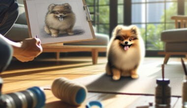 Artista desenha Pomeranian realista ao lado de cão real.