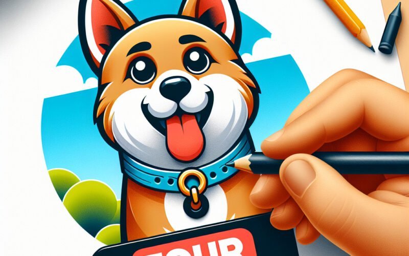 Ilustração de cão animado com lápis e etiqueta "TOUR".